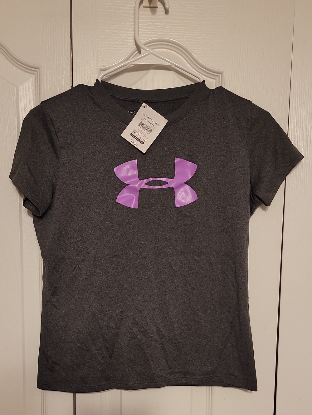Under Armour Girls Charcoal Tee with Purple Logo